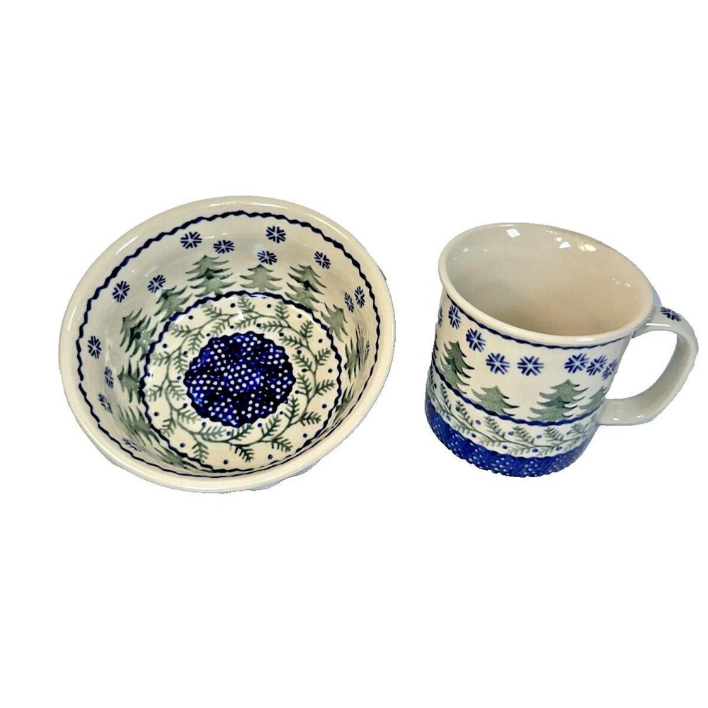 VTG Polish pottery Set 5.5" Bowl & Mug Pines & Snowflakes Ceramika z Bolesławca